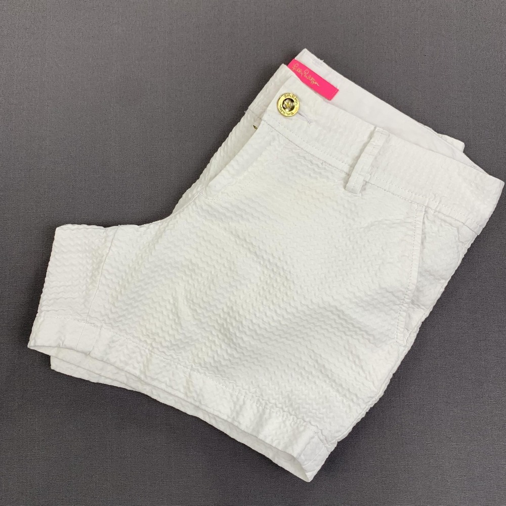 Lilly Pulitzer Callahan Shorts Womens 6 Resort White Seersucker Gold Button - Picture 14 of 15
